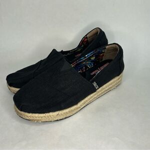 Skechers Bobs Espadrille Wedges Women 9 High Jinx Black Tan Memory Foam 34101